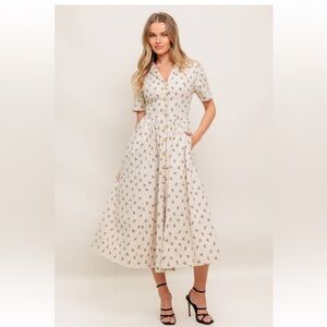 NWT! Luxury Bow Cream Printed Button Down Basque Waistline Midi Dress